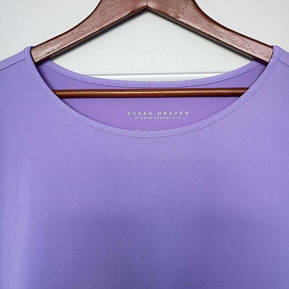 Susan Graver Liquid Knit Lavender PurpleShort Sleeve Blouse L Stretch Mature - Picture 3 of 6